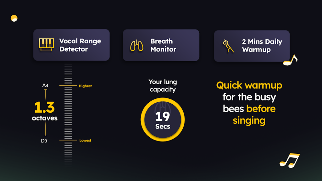 vocal range detector, breath monitor, etc. tools to measure vocal dynamics on Riyaz app
